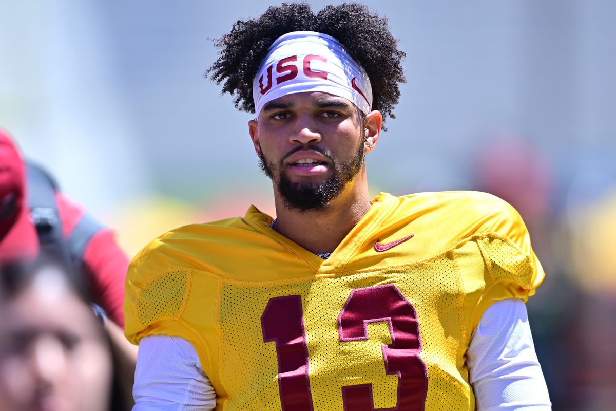 Quarterback Caleb Williams of the USC Trojans warms up during the 2022 USC Spring Football game at Los Angeles Memorial Coliseum on April 23, 2022 in Los Angeles, California.