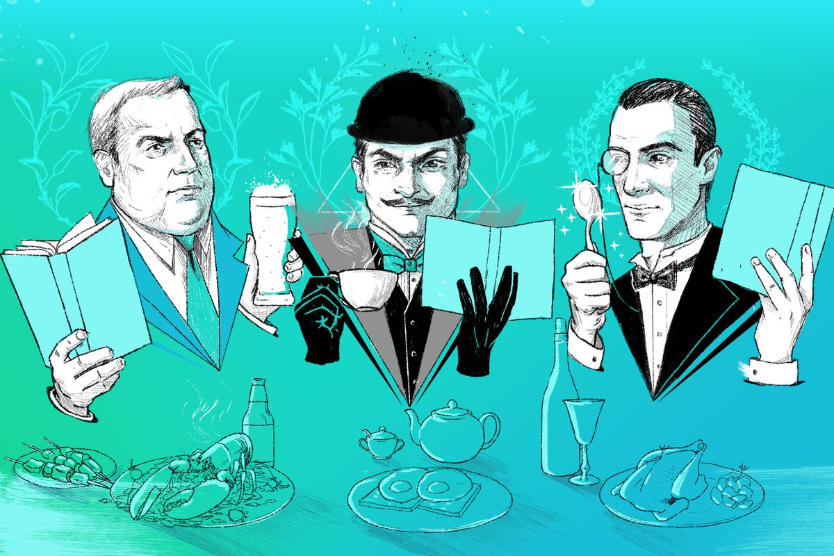 An illustration of Lord Peter Wimsy, Nero Wolfe, and Hercule Poirot