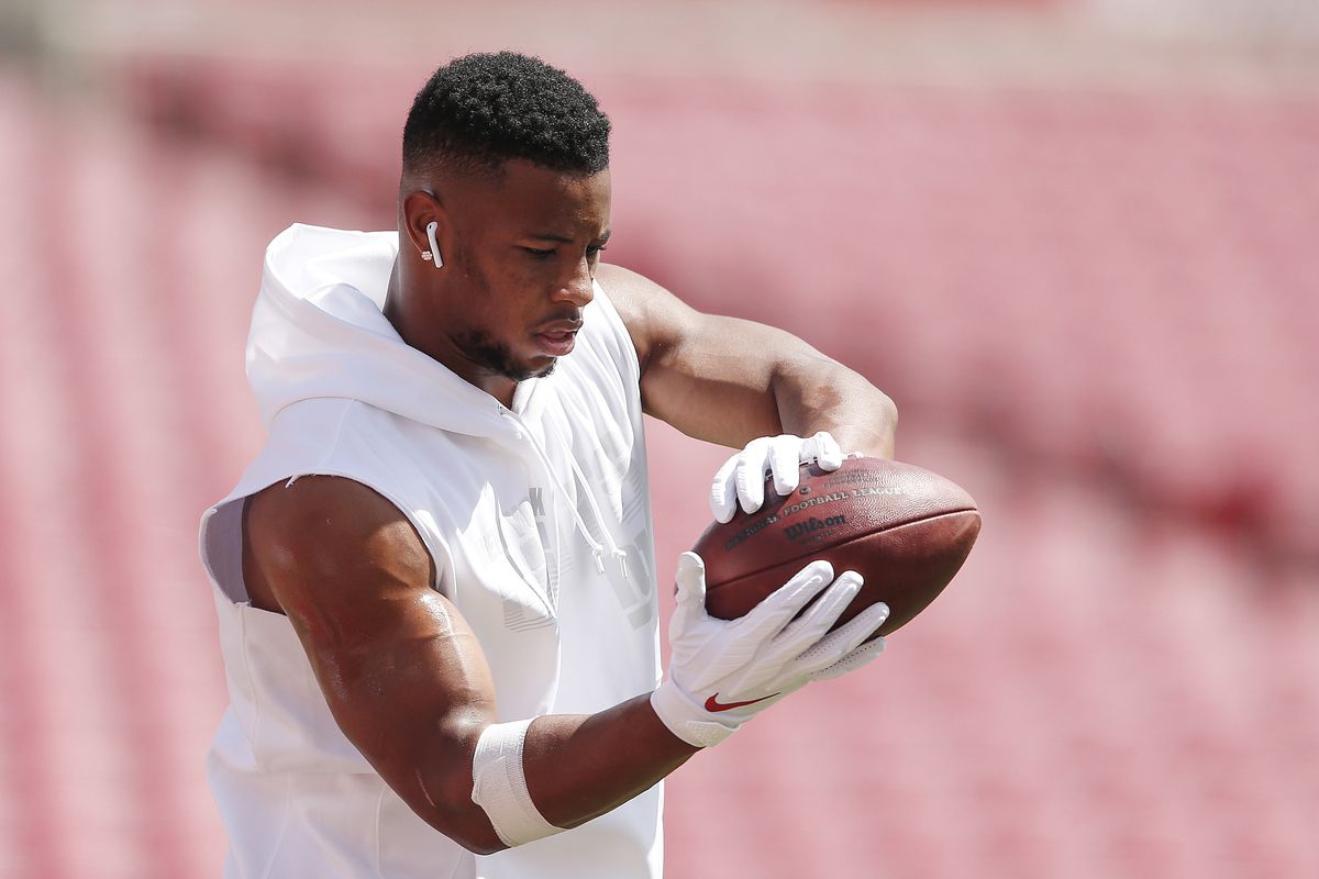 Saquon Barkley of the New York Giants warms up prior to the game at Raymond James Stadium on September 22, 2019 in Tampa, Florida.