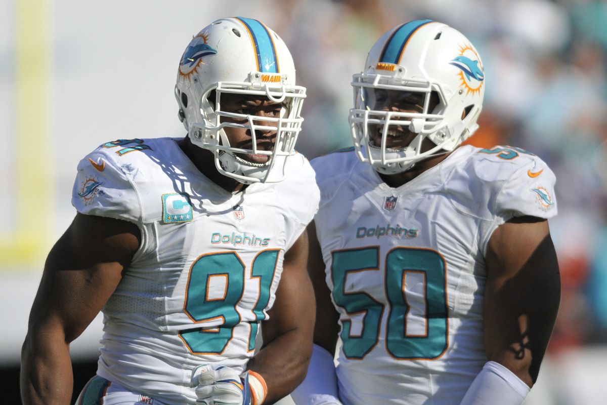 Dolphins defensive ends Cameron Wake (91) and Olivier Vernon.