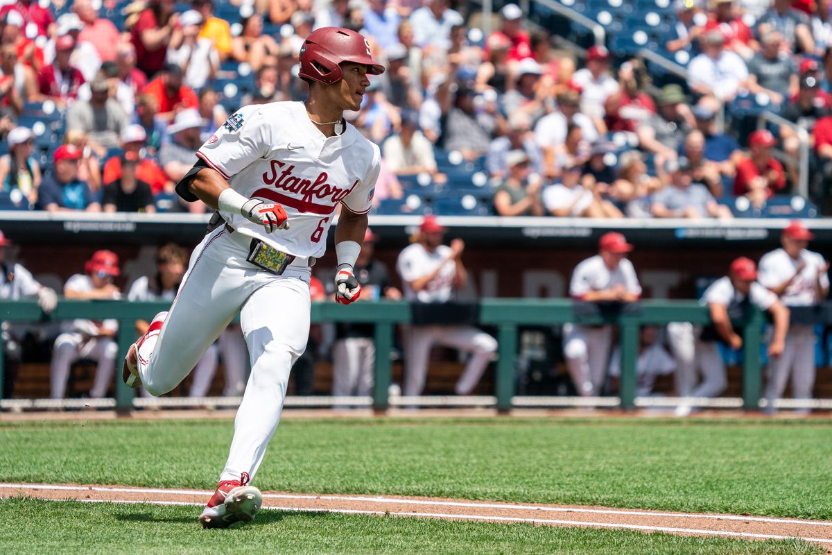 Stanford Cardinal right fielder Braden Montgomery heads for first base after hitting a single during the first inning against the Arkansas Razorbacks at Charles Schwab Field.