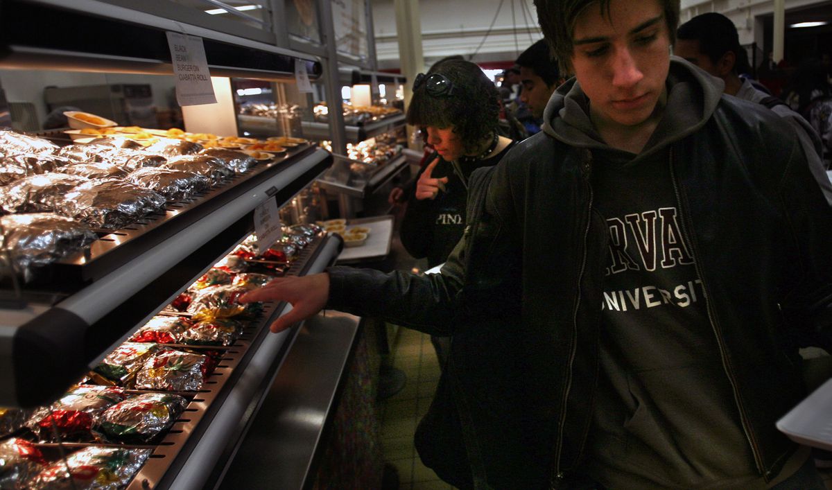 Students line up for cafeteria lunch at Van Nuys High School in Los Angeles.