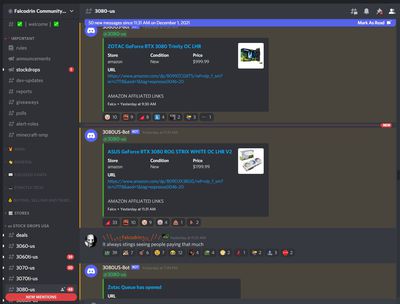 Alerts are pinging for various types graphics cards in a column on the left, while a chat window in the center lists each item with their price and link and emoji reactions from various community members.