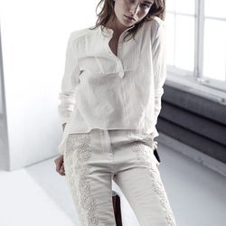 Organic cotton voile blouse, $34.95; bonded trousers, $129