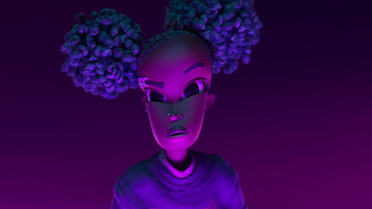 13-year-old protagonist Kat, a Black girl with her hair in big symmetrical round puffs, stands in deep purple light and looks at the camera in the stop-motion animated movie Wendell &amp; Wild