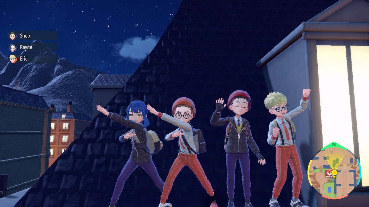Four Pokémon trainers in Scarlet and Violet pose on a rooftop, each emoting next to one another as a cooperative team