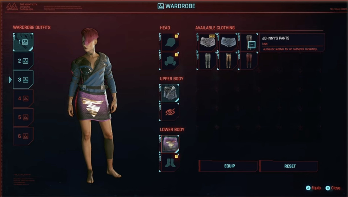 Image of a wardrobe management screen, which lets Cyberpunk 2077 players manage outfits.