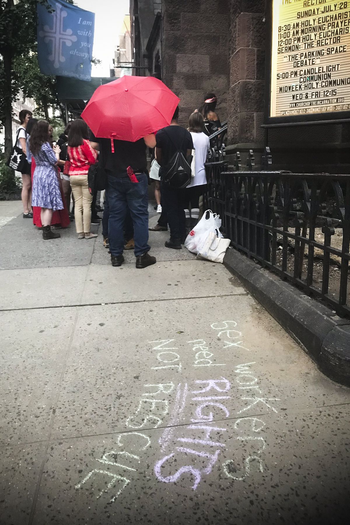 Sidewalk chalk in support of decriminalization of sex work in New York City.