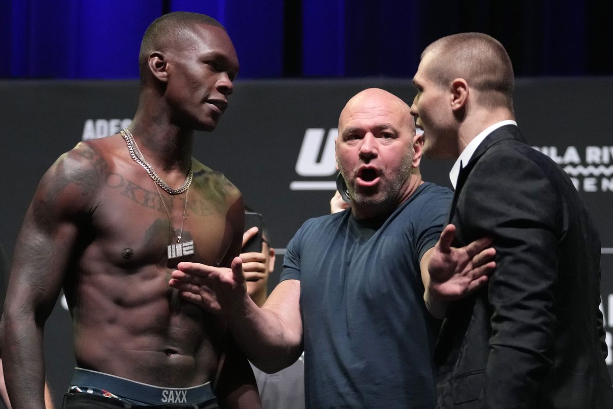 Israel Adesanya and Marvin Vettori get up close and personal at the UFC 263 press conference.