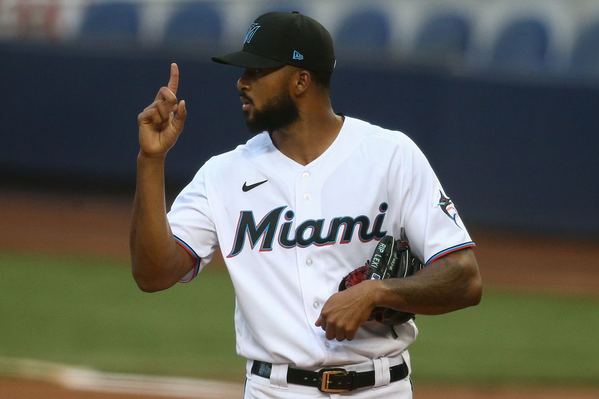 Miami Marlins starting pitcher Sandy Alcantara (22) reacts in the first inning against the St. Louis Cardinals at loanDepot Park.&nbsp;