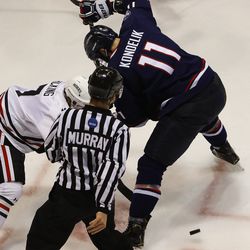 The UConn Huskies take on the Northeastern Huskies in men’s college hockey game at Matthews Arena in Boston, MA on November 9, 2018.