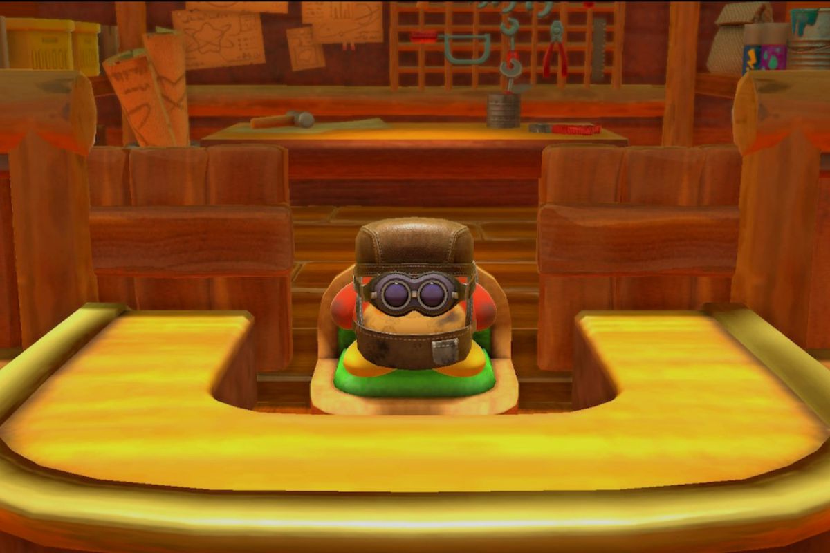 A steampunk-esque Waddle Dee sits in a woodshop