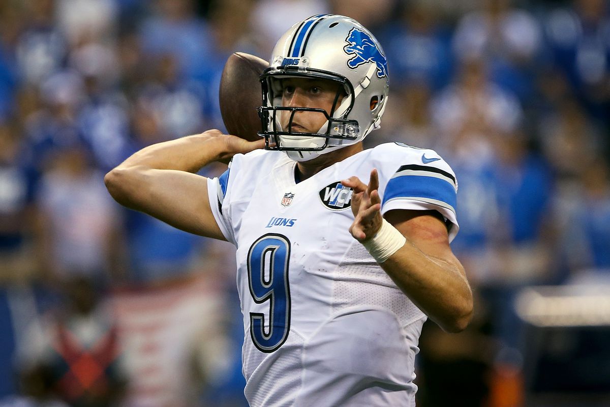Matthew Stafford of the Detroit Lions throws a pass in the fourth quarter against the Indianapolis Colts at Lucas Oil Stadium on September 11, 2016 in Indianapolis, Indiana.