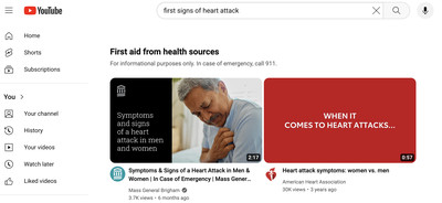 YouTube search results for “first signs of heart attack” display authoritative sources. 