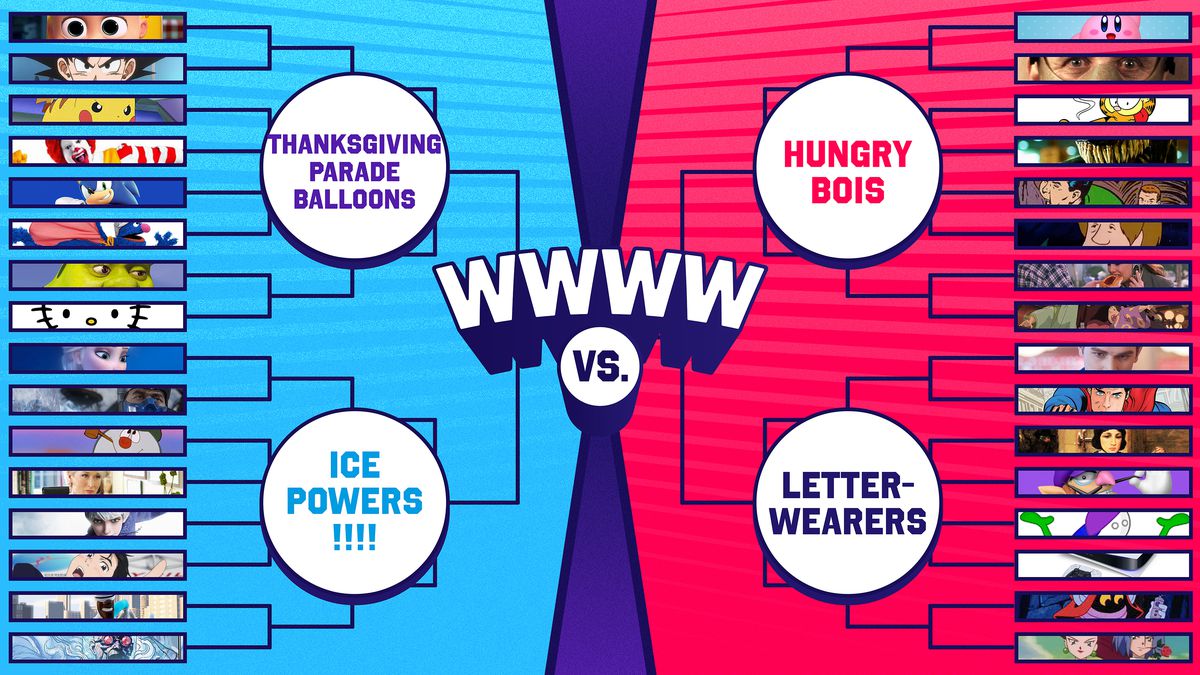 Graphic sports bracket on a blue and red background with “WWWW” and “vrs” in the center of the image
