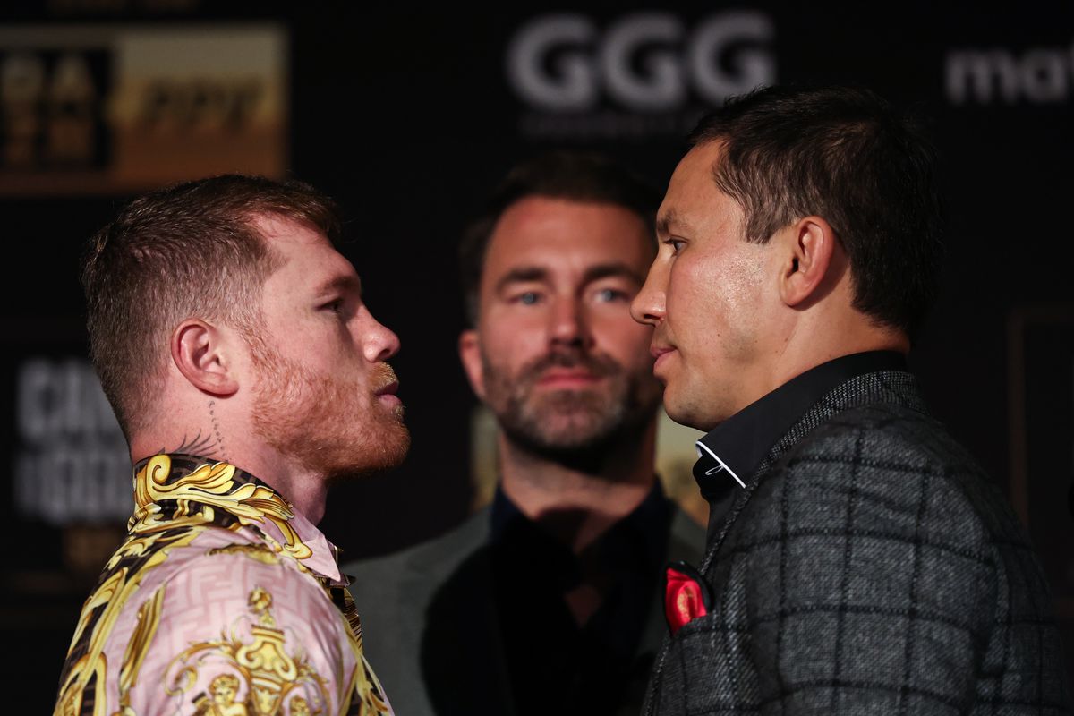 Boxers Canelo Alvarez (L) and Gennady Golovkin (R) face off during a press conference on June 27, 2022 in New York City.