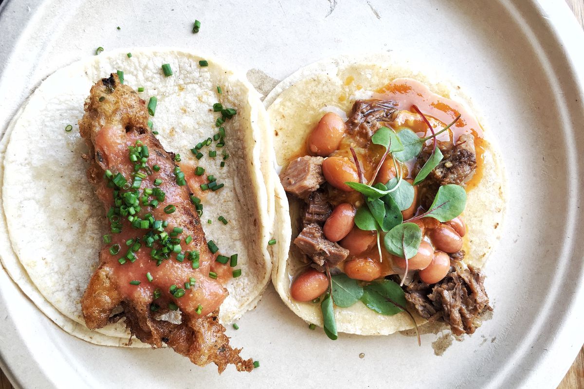 A white paper plate holds two tacos, with beans.