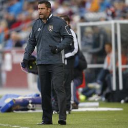 Real Salt Lake head coach Jeff Cassar directs his team against the Colorado Rapids in the first half of an MLS soccer game in Commerce City, Colo.,  Saturday, May 7, 2016. (AP Photo/David Zalubowski)