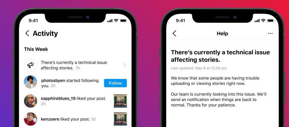 Instagram's sample outage status message
