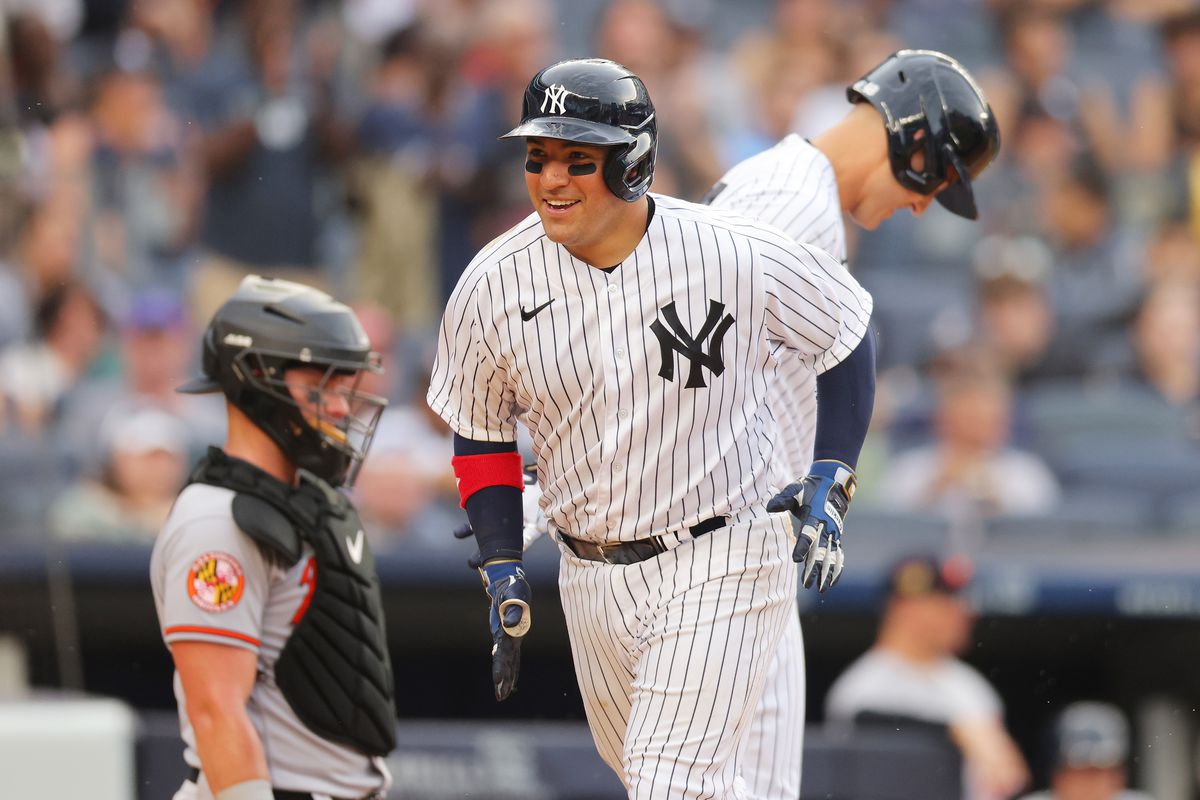 Jose Trevino of the New York Yankees reacts after hitting a seventh inning home run against the Baltimore Orioles at Yankee Stadium on July 4, 2023 in Bronx borough of New York City.