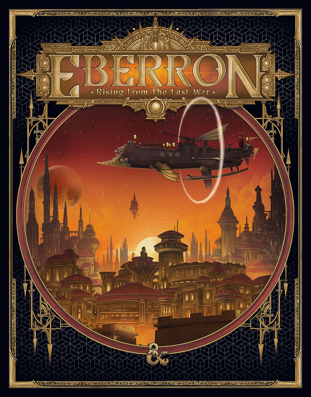 An alternate cover for Eberron shows an airship sailing of an exotic, gilded city at sunset.