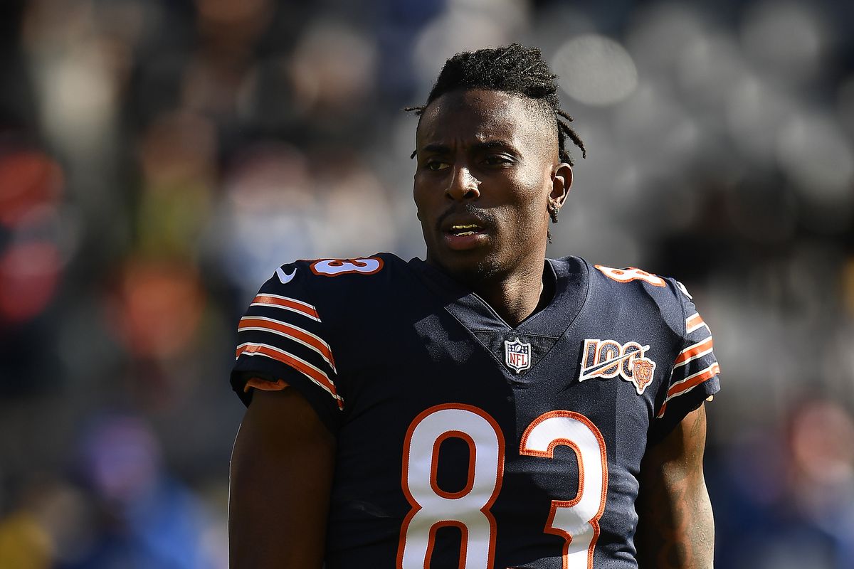 Javon Wims of the Chicago Bears participates in warmups prior to a game against the New York Giants at Soldier Field on November 24, 2019 in Chicago, Illinois.