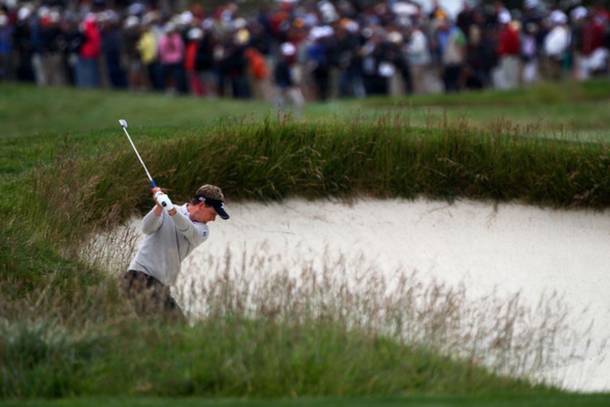 PEBBLE BEACH, CA - JUNE 18:  Luke Donald of England hits a bunker shot on the second hole during the second round of the 110th U.S. Open at Pebble Beach Golf Links on June 18, 2010 in Pebble Beach, California.  (Photo by Donald Miralle/Getty Images)