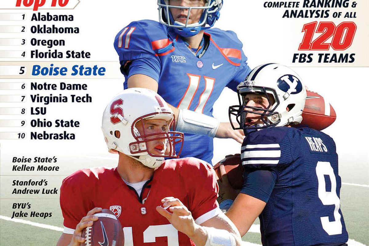 BYU's Jake Heaps, right, graces the cover of Athlon with Stanford's Andrew Luck and Boise State's Kellen Moore.      
