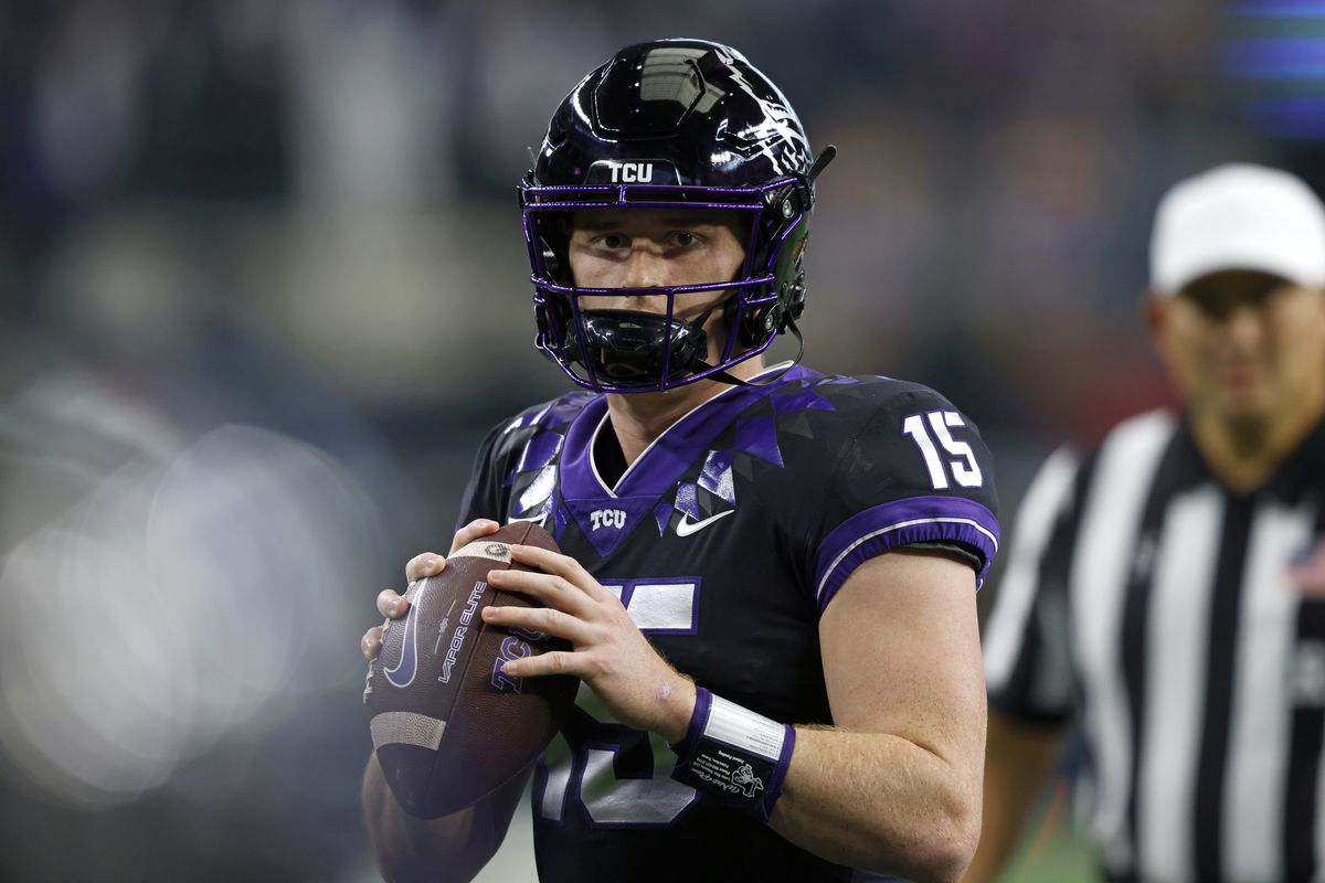 Max Duggan of the TCU Horned Frogs throws before playing against the Kansas State Wildcats in the Big 12 Football Championship at AT&amp;T Stadium on December 3, 2022 in Arlington, Texas.