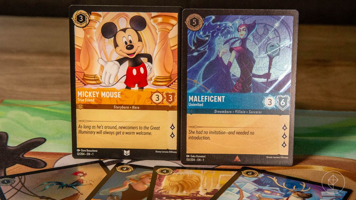 A selection of cards from Disney Lorcana, including Mickey Mouse and Maleficent.