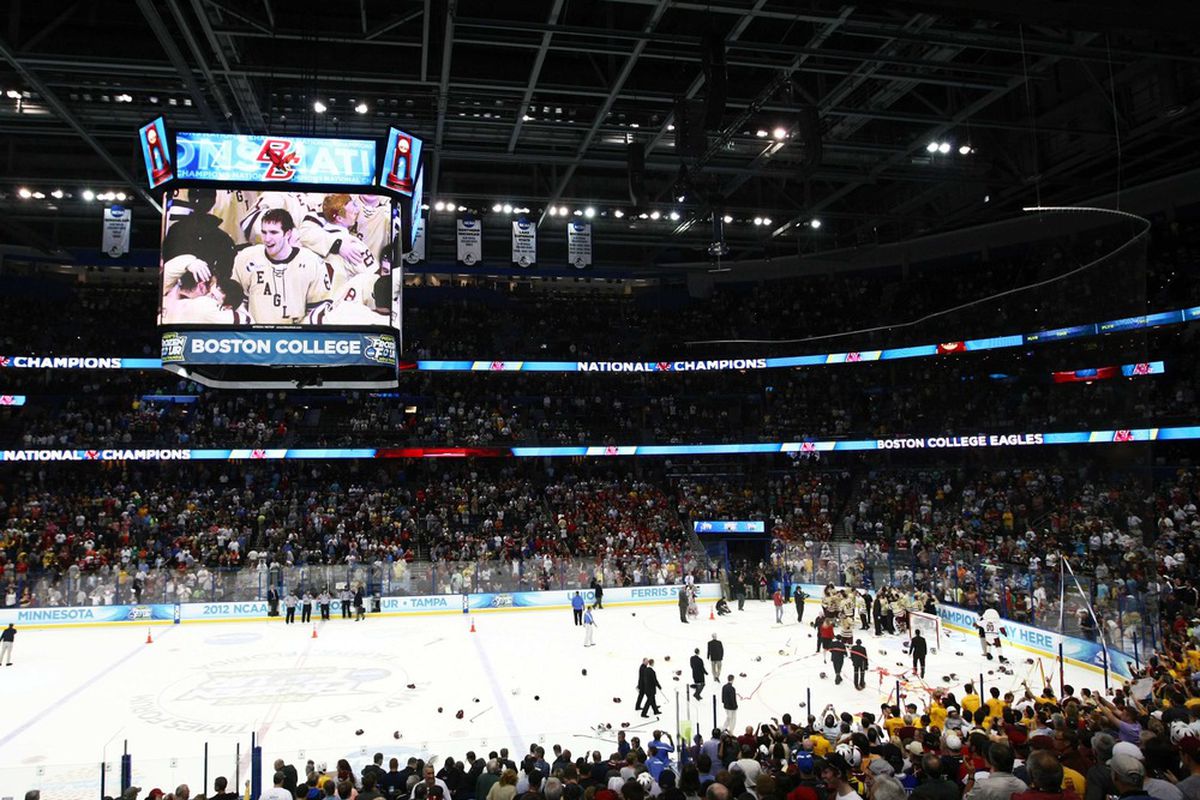 Apr 7, 2012; Tampa, FL, USA; The Boston College Eagles celebrate after defeating the Ferris State Bulldogs 4-1 in the finals of the 2012 Frozen Four at Tampa Bay Times Forum. Mandatory Credit: Douglas Jones-US PRESSWIRE