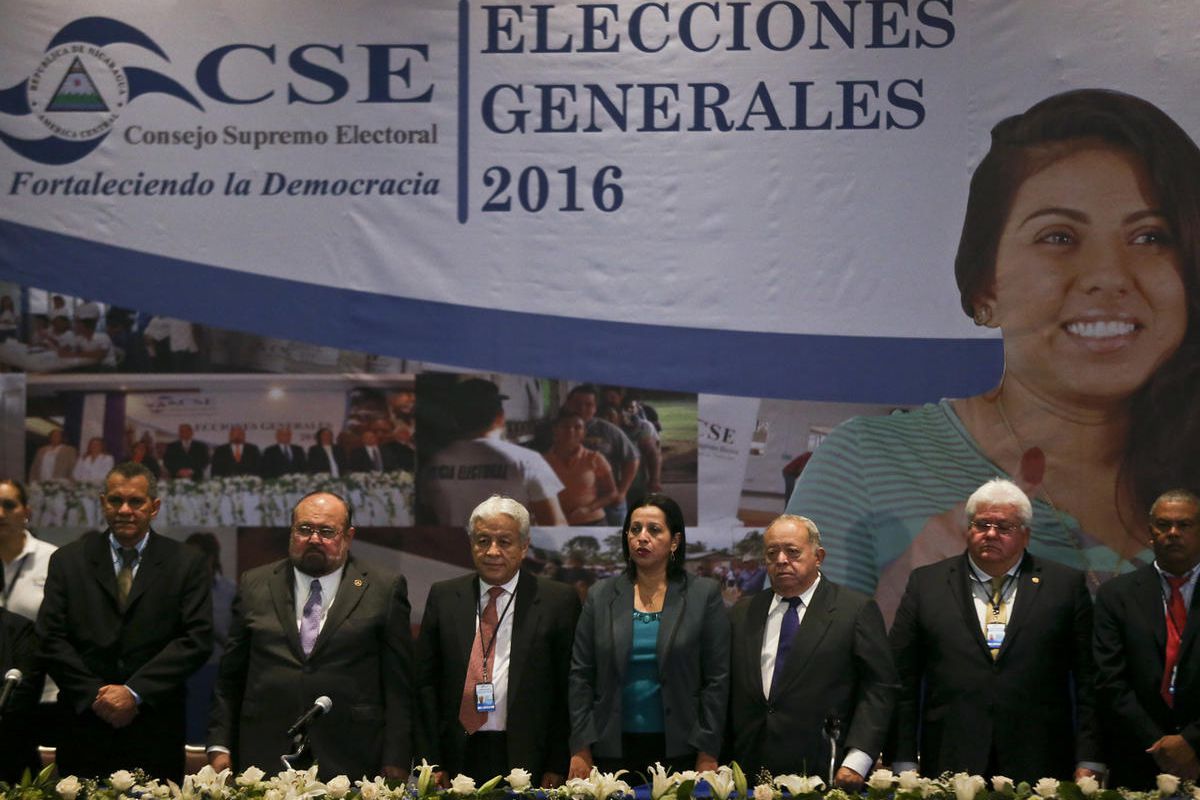 The Supreme Electoral Council of Nicaragua stand before a press conference on the results of the presidential elections in Managua, Nicaragua, Monday, Nov. 7, 2016. President Daniel Ortega won re-election to a third consecutive term in official results an