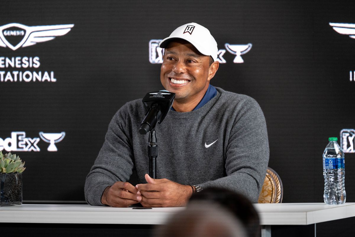 Tiger Woods talks about making his 2023 PGA tour debut this week at the Genesis Invitational at the Riviera country club in Pacific Palisades, CA, Tuesday, February 14, 2023.