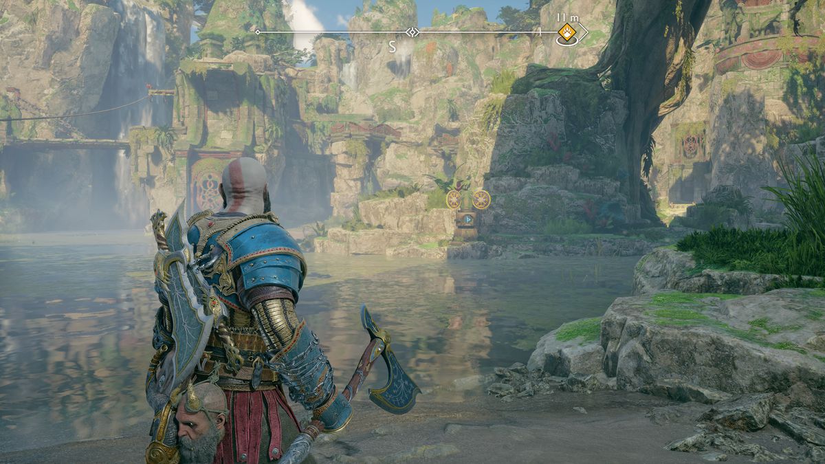 Kratos looks at a Nornir Switch in God of War Ragnarok