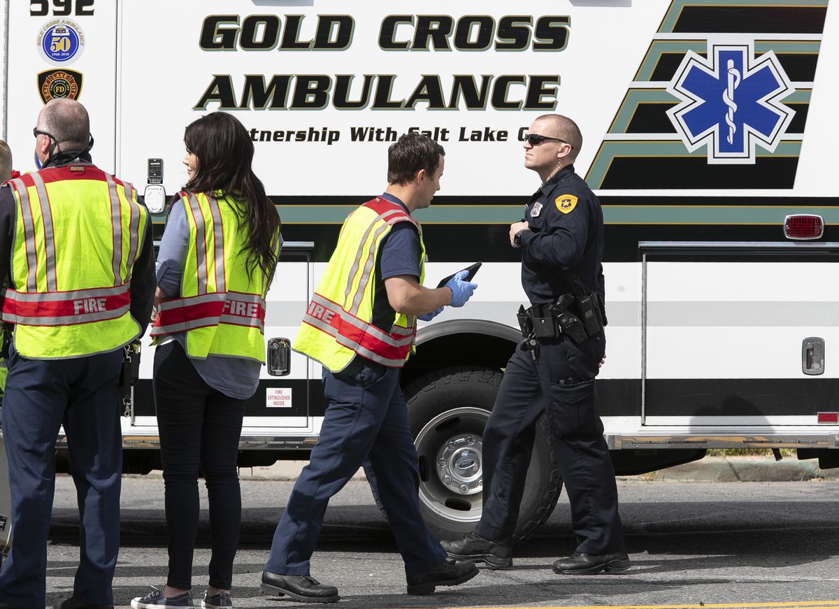Salt Lake police officer Skyler Denning gathers information at the scene of an auto accident at 900 South and West Temple in Salt Lake City on Tuesday, May 7, 2019.