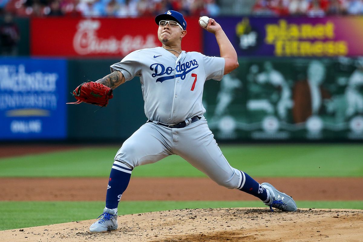 Starter Julio Urias of the Los Angeles Dodgers delivers a pitch during the first inning against the St. Louis Cardinals at Busch Stadium on May 18, 2023 in St. Louis, Missouri.