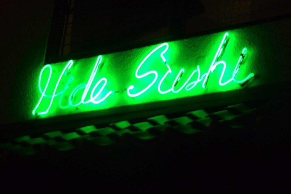 Signage outside Hide Sushi, West LA. 