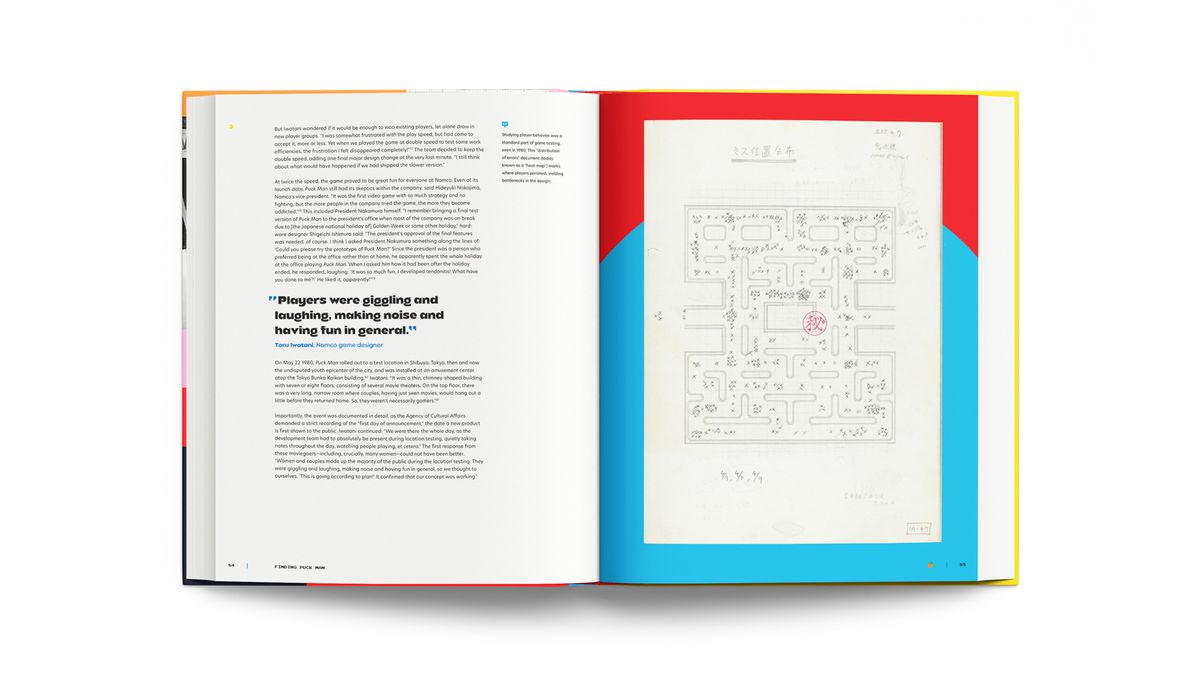 A picture of a video game design document inside the book Pac-Man: Birth of an Icon