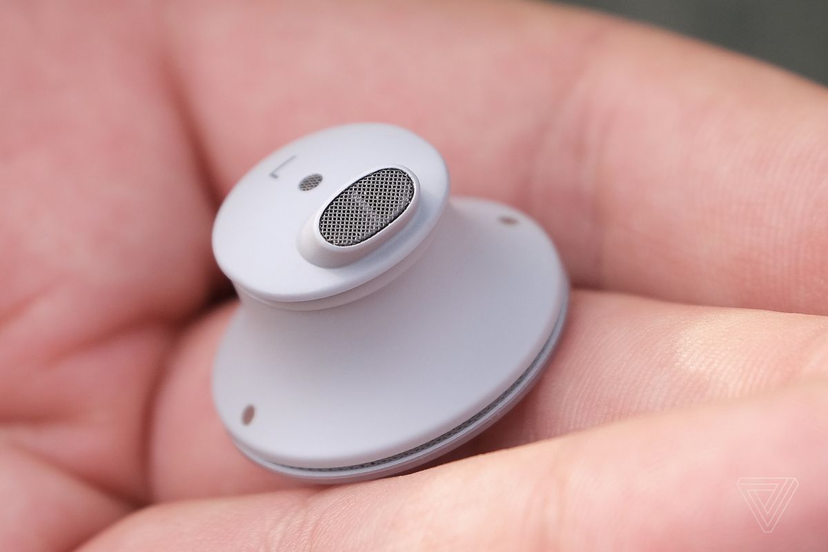 A close-up photo of the Surface Earbuds mesh grill.
