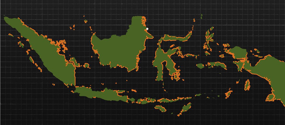 Map of Indonesia outlining coastal mangroves.