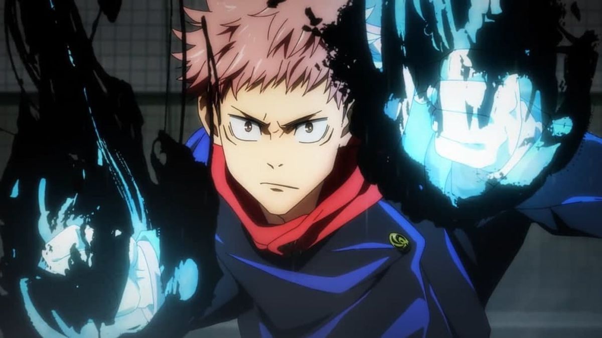 A pink-haired anime boy (Yuji Itadori) assuming a fighting stance, his fists covered in a blaze of black and turquoise flames.