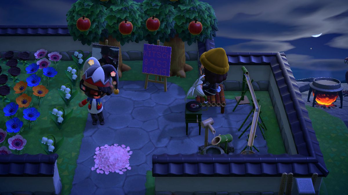 Two Animal Crossing characters in a grden, one with a jester hat and another with a yellow hat