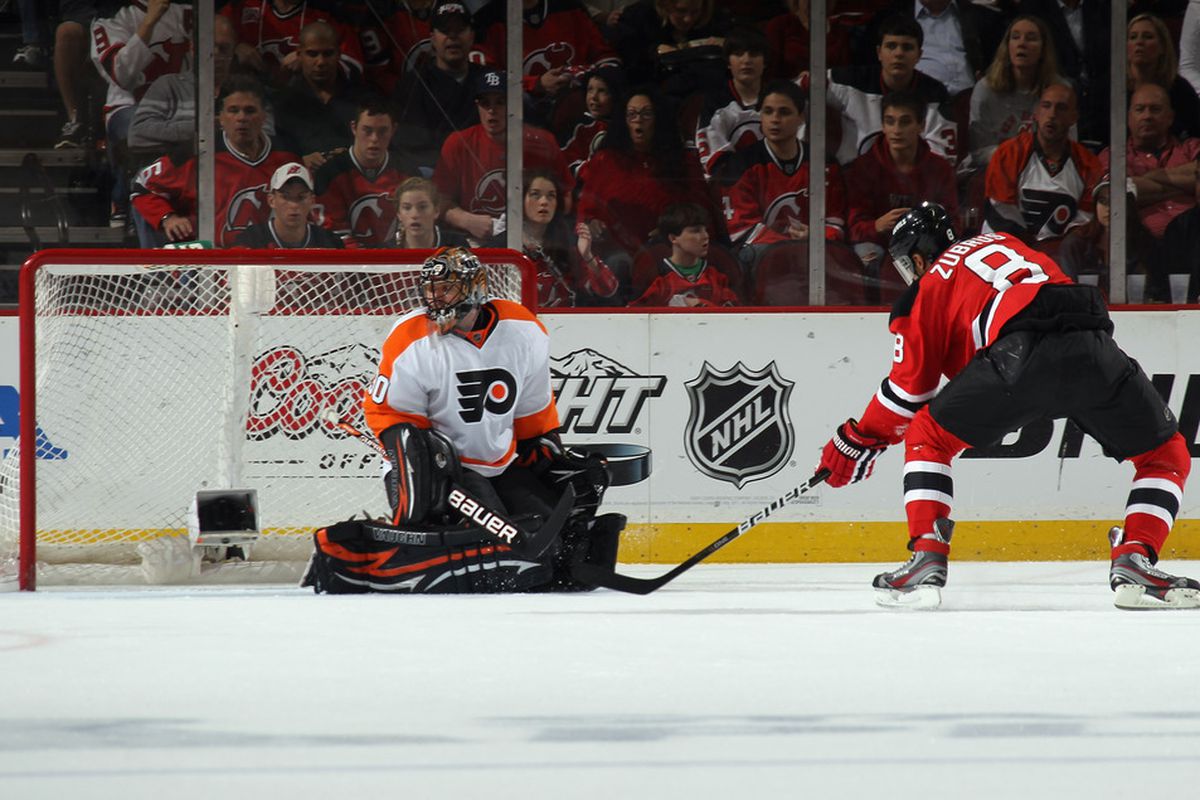 Pictured: The game winning goal by Dainius Zubrus.  (Photo by Bruce Bennett/Getty Images)