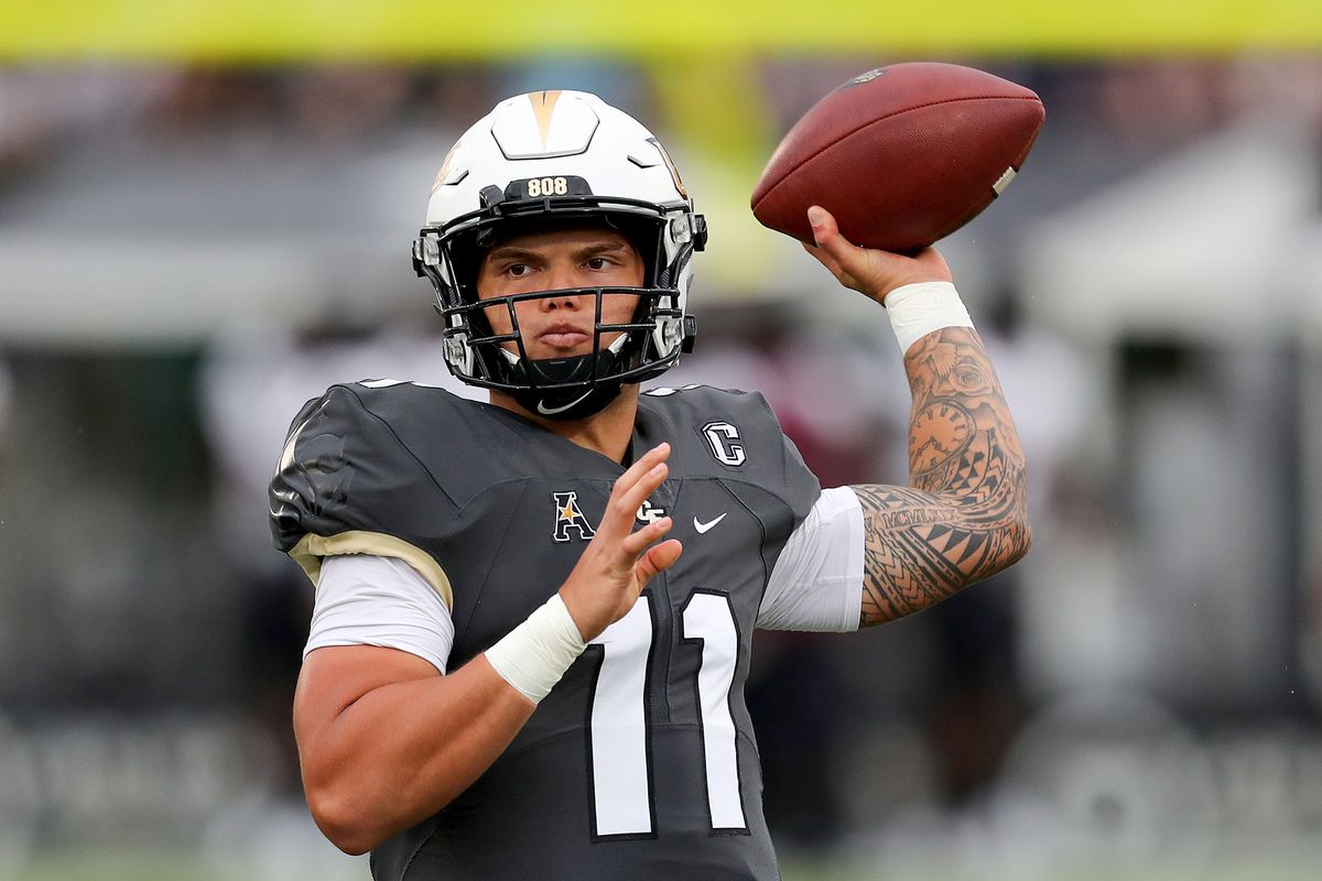 Dillon Gabriel of the UCF Knights attempts a pass during warmups against Bethune Cookman Wildcats at the Bounce House on September 11, 2021 in Orlando, Florida.