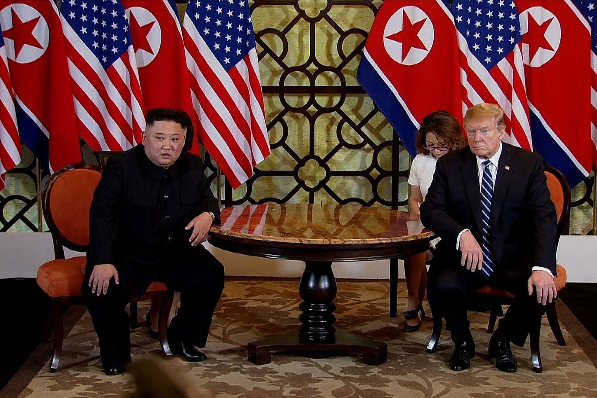 President Donald Trump and North Korean leader Kim Jong-un during their second summit meeting on February 28, 2019 in Hanoi, Vietnam.&nbsp;