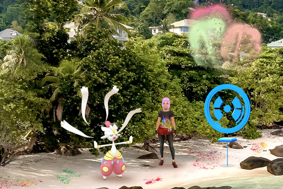 A Pokémon trainer stands next to a Mega Medicham on a beach