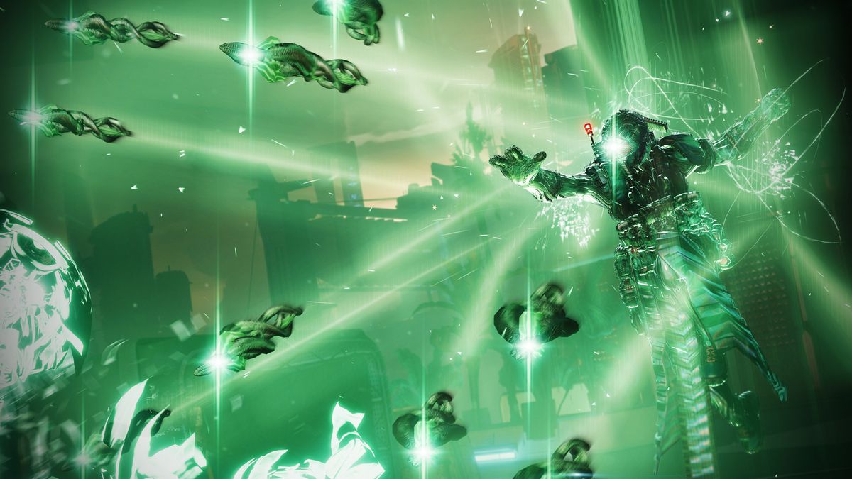 A Guardian blasts Strand at a group of enemies in Destiny 2: Lightfall