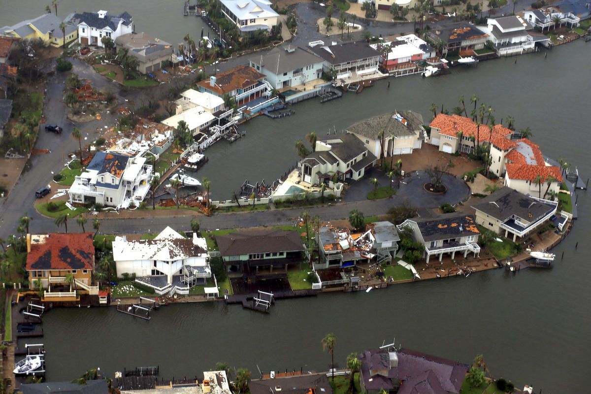 This aerial photo shows a view of damage in the wake of Hurricane Harvey, Monday, Aug. 28, 2017, in Corpus Christi, Texas. Harvey hit the coast as a Category 4 hurricane.