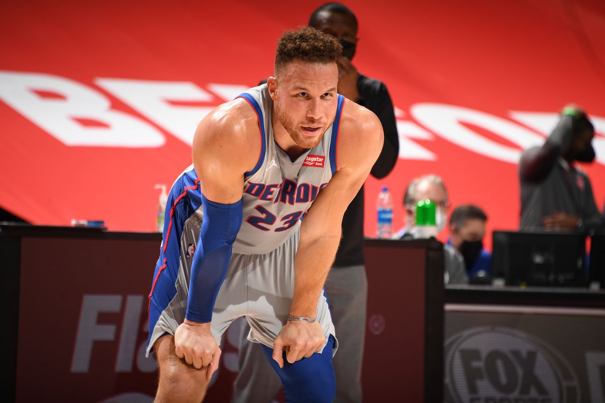 Blake Griffin of the Detroit Pistons looks on during the game against the Indiana Pacers on February 11, 2021 at Little Caesars Arena in Detroit, Michigan.