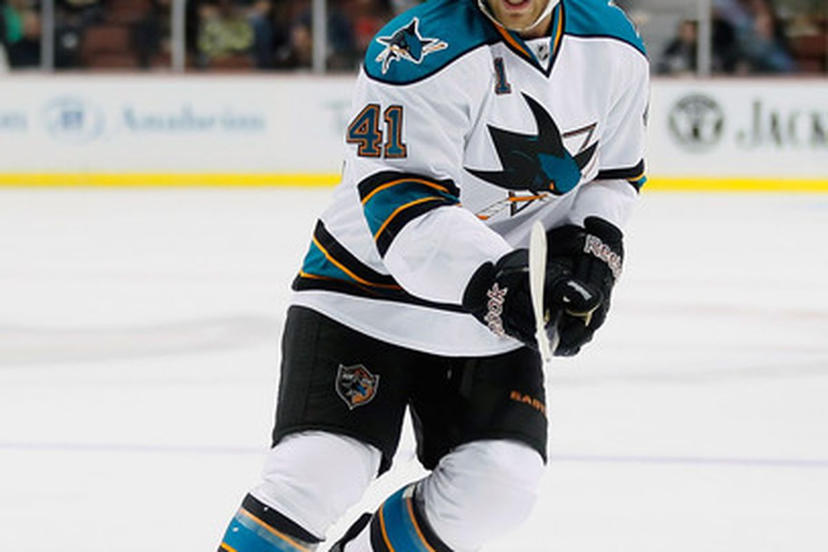 Worcester Sharks forward Cam MacIntyre in preseason action for the San Jose Sharks back on Sept. 21 against the Anaheim Ducks at the Honda Center in Anaheim, Calif.  <strong>Photo courtesy of Jeff Gross of Getty Images.</strong>